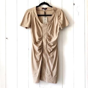 NWT Appleline Tan Turkish Short Sleeve Ruched Mini Elbise Dress Size 42 Size 6/8